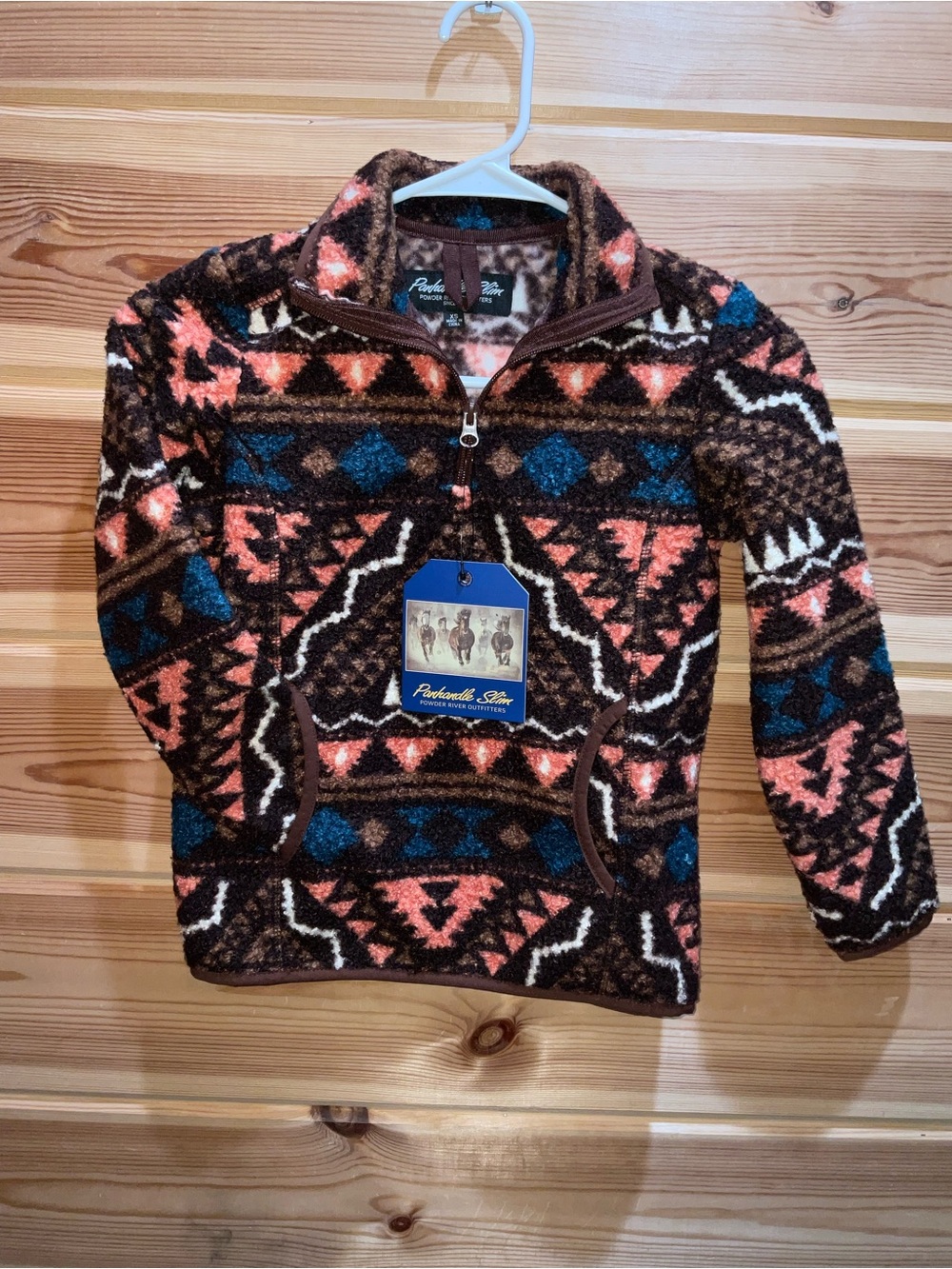 Panhandle Slim Brown Aztec Print Fleece Pullover with Coral & Teal Accents